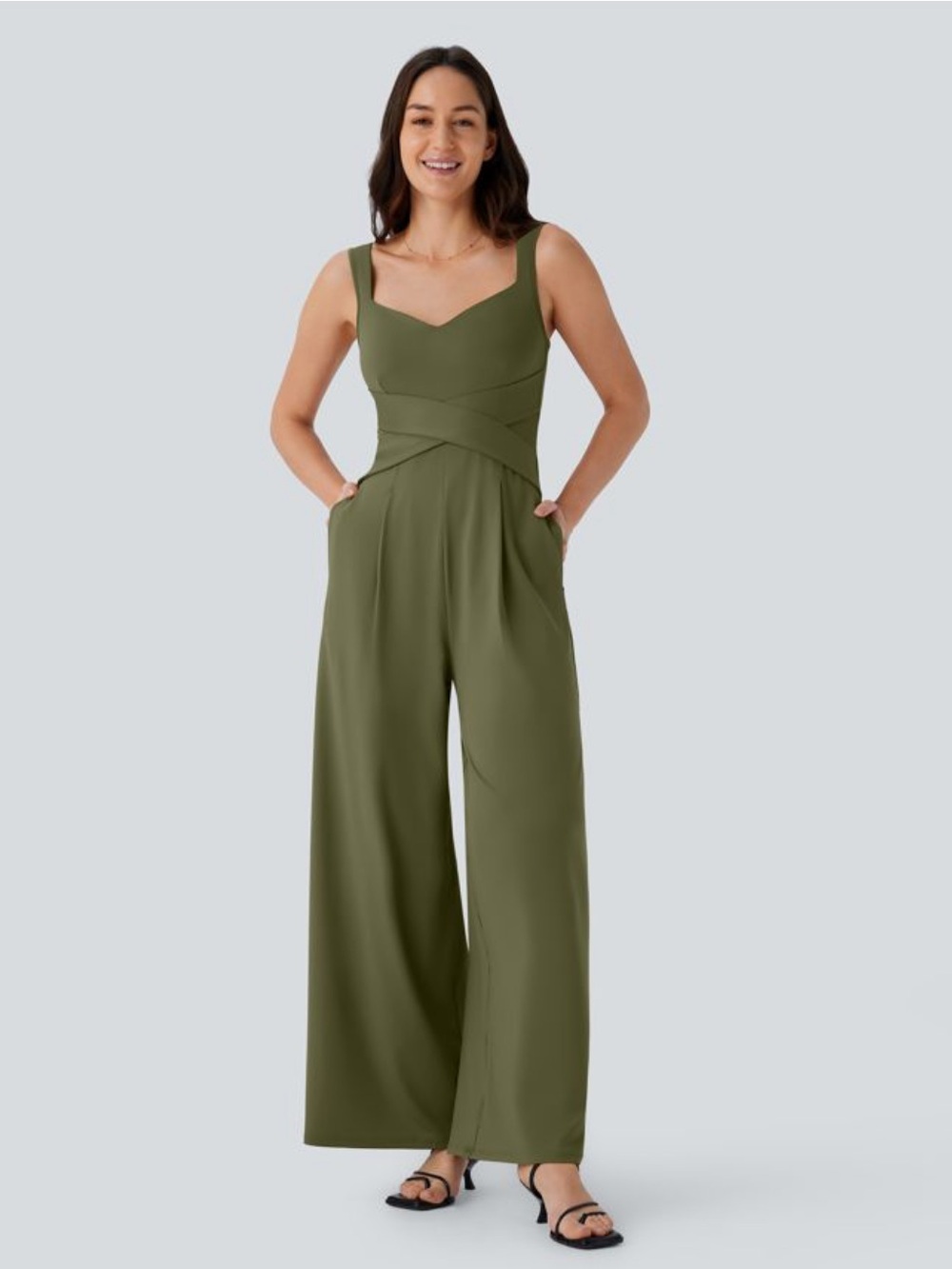 NWT Halara U-Back Sleeveless Wide Leg Jumpsuit Olive Green Medium 02864295